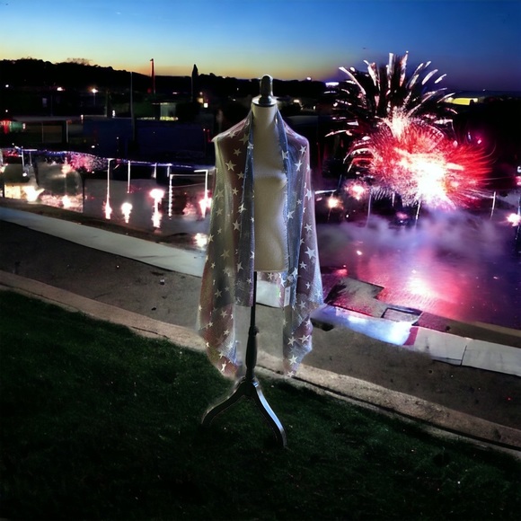 Scarf Americana Independence Day Patriotic red white blue stripes & stars fringe - Picture 8 of 8